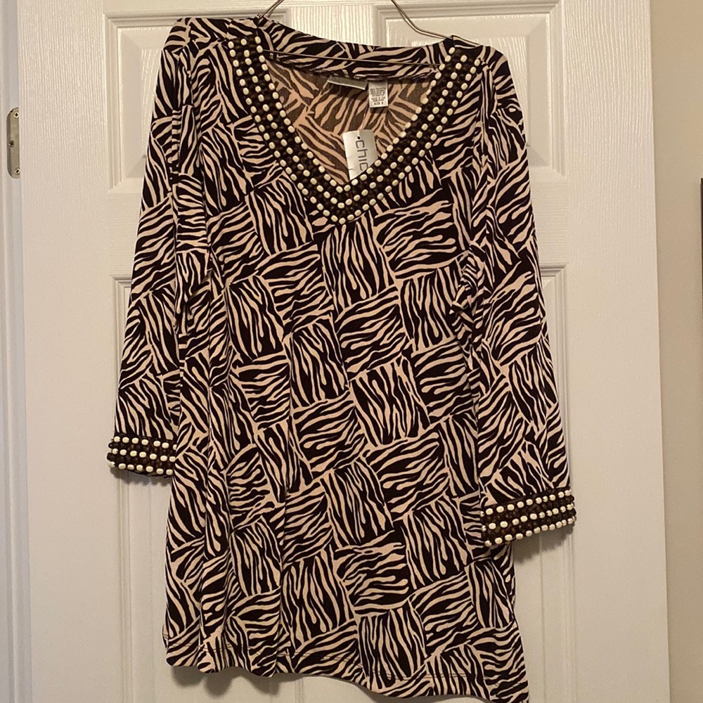 Chicos Zebra Print Dress with Beading Around the Neckline